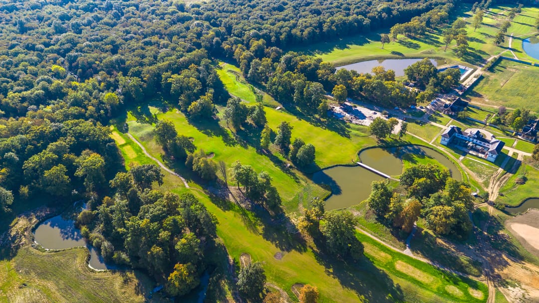 Vue aérienne des fairways dessinés entre les bandes de forêt