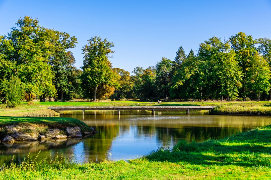 Green bordé d’un plan d’eau aux berges de pierre, arbres anciens en arrière-plan