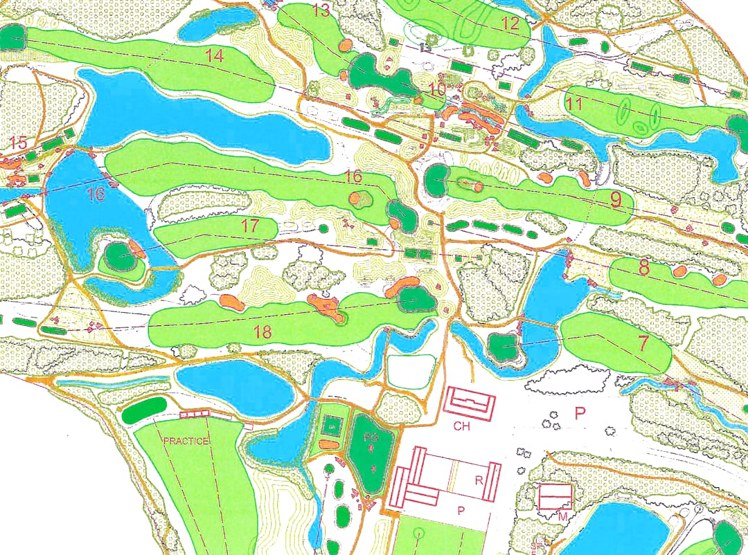 Détail du plan du parcours dessiné par Gayon Design : fairways, greens et plans d’eau